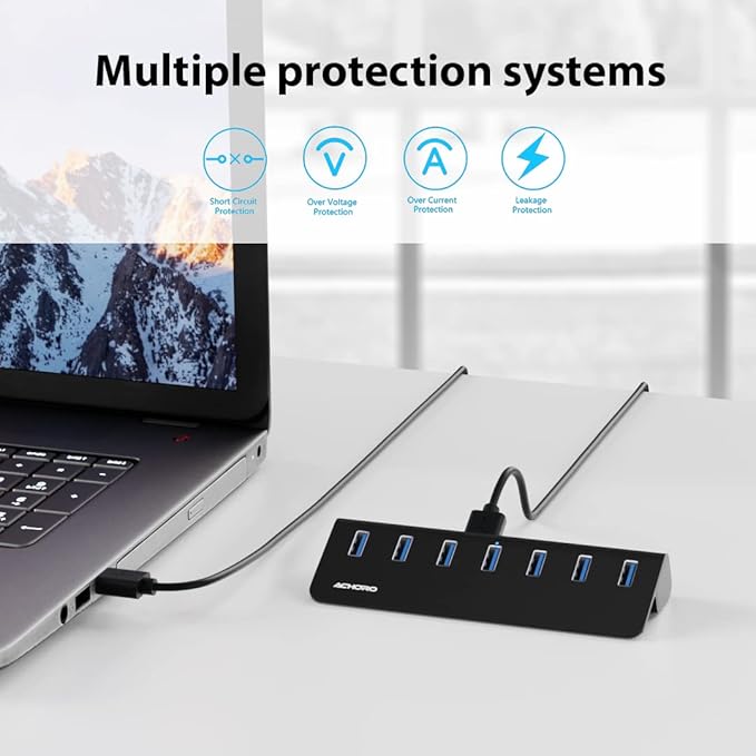 Achoro 7 Ports Powered USB HUB – 2nd Generation 10GB Super Speed External USB Port – USB 3.2 Aluminium USB Hub for Computer Mac PCs Smartphone &amp Tablets – Computer Multiple USB Hub (Powered Bla