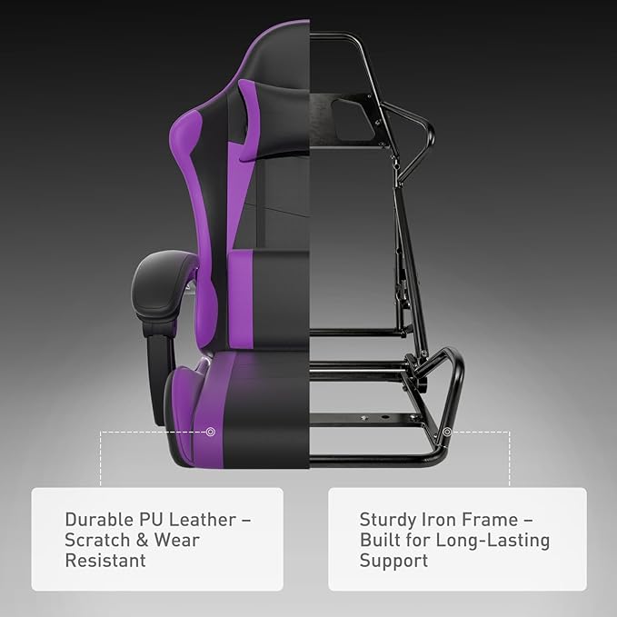 MoNiBloom Gaming Chair Office Chair Leather High Back Computer Chair with Headrest and Lumbar Support 360° Swivel Ergonomic Footrest Adjustable Gamer Chair for Adult Teen Home Office Using Purple