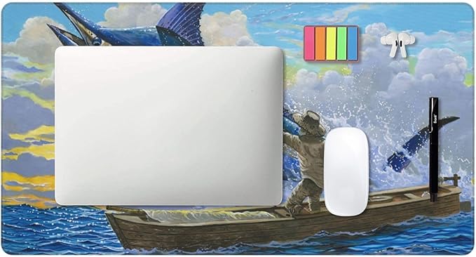 Old Man Blue Marlin Billfish Sportfishing Mar Gaming Mouse Pad Large 16x29.5 Inch - Non-Slip Desk Mat with Stitched Edges Durable Textured Rubber Base for Gaming