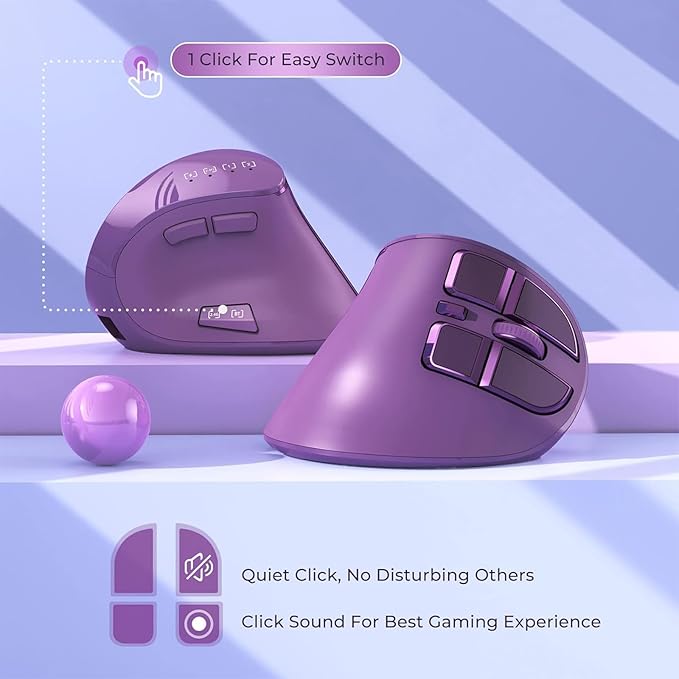Vertical Mouse Wireless Ergonomic Optical Mouse (BT 5.0 + Bluetooth 3.0 + USB Connection) with 9 Buttons Rechargeable Computer Mouse for Wins PC/Laptop Mac (Purple)