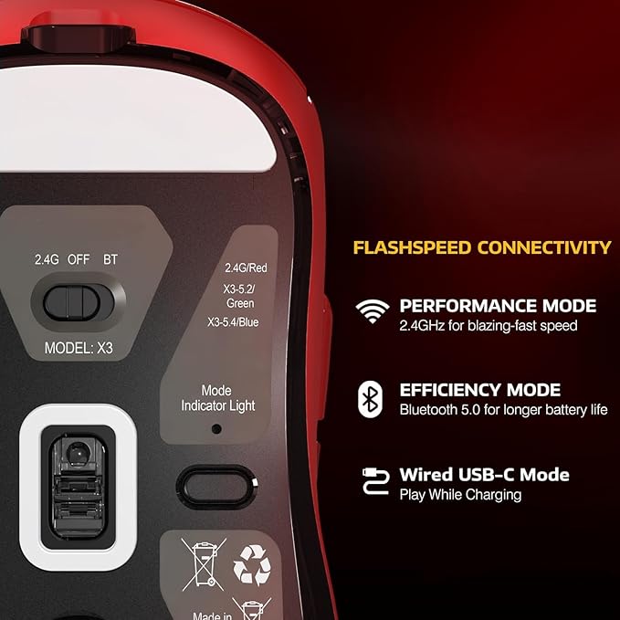 ATTACK SHARK X3 Wireless Gaming Mouse 49g Bluetooth/2.4G/USB-C Ergonomic Computer Mouse PAW3395 26K DPI Sensor 200h Battery Life Programmable Buttons Griptape Gaming Accessories for PC/Laptop/Mac