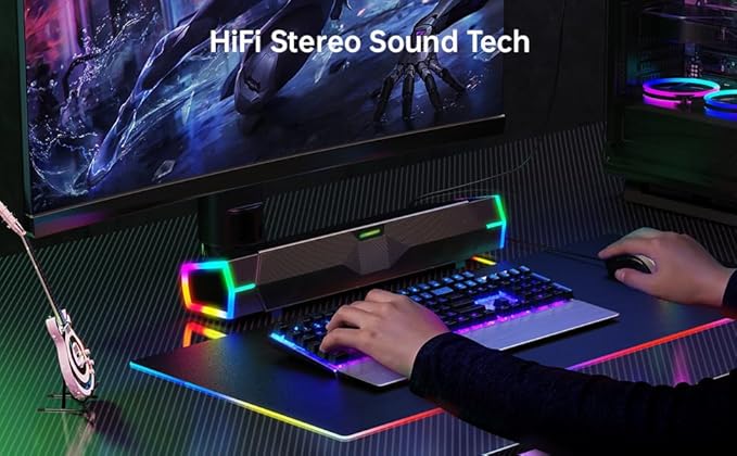 V18 Bluetooth &amp USB Smart Compability Computer Speakers for PC Desktop Monitor Gaming PC Sound Bar Superb Stereo Sound with LED Lighting - Combine/Separate to Customize Your Desk