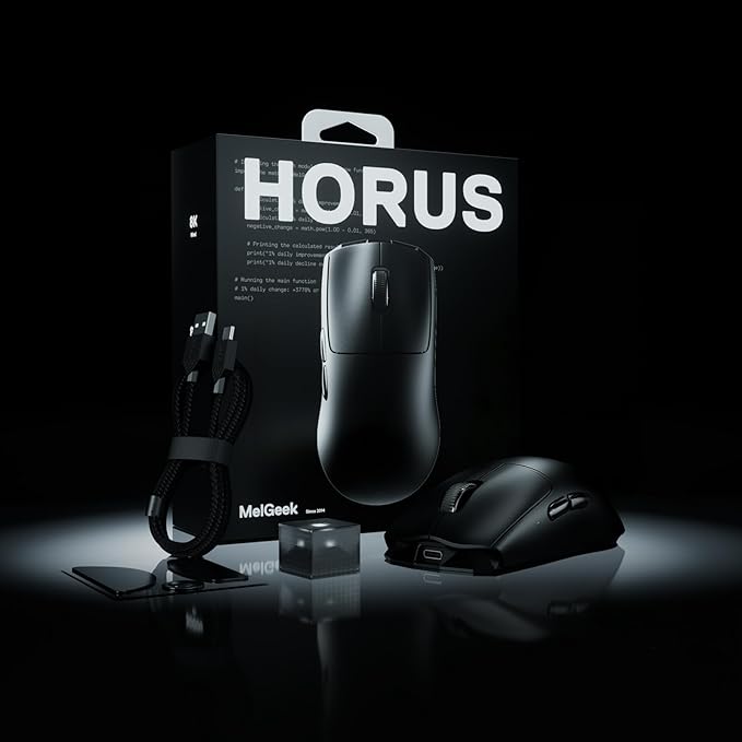 MelGeek Horus Lightweight Mouse Wireless Gaming Mouse 49g 8K Polling 30K DPI Sensor 215 Hr Battery 2.4G/USB-C with Light Receiver Fit for Medium and Large Hands - Black