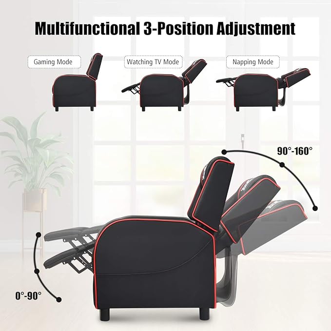 POWERSTONE Gaming Recliner Chair Reclining Gaming Chairs for Adults Ergonomic Leather Sofa with Footrest Lumbar Support Headrest and Side Pouch for Living Room Home Theater Red