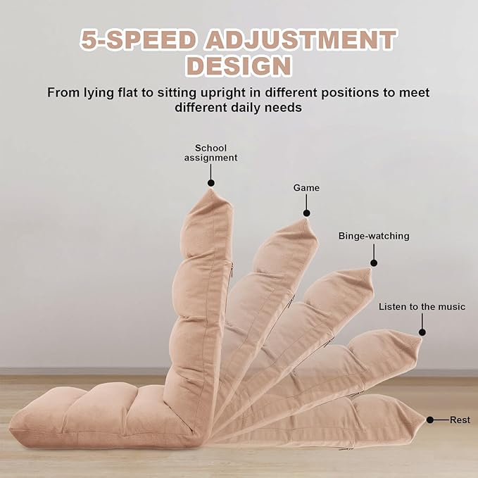 Folding Floor Chair 5-Position Cushioned Adjustable Lazy Sofa Foldable Floor Lounger for Adults Kids Gaming Reading Meditating (Beige)