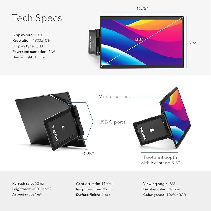 SideTrak Swivel Pro Touch 13.3 Portable Monitor for Laptop | Touchscreen Dual Display Patented 360° Swivel Hinge Laptop Screen Extender | Ultra-Slim USB-C® PC &amp Chrome Compatible