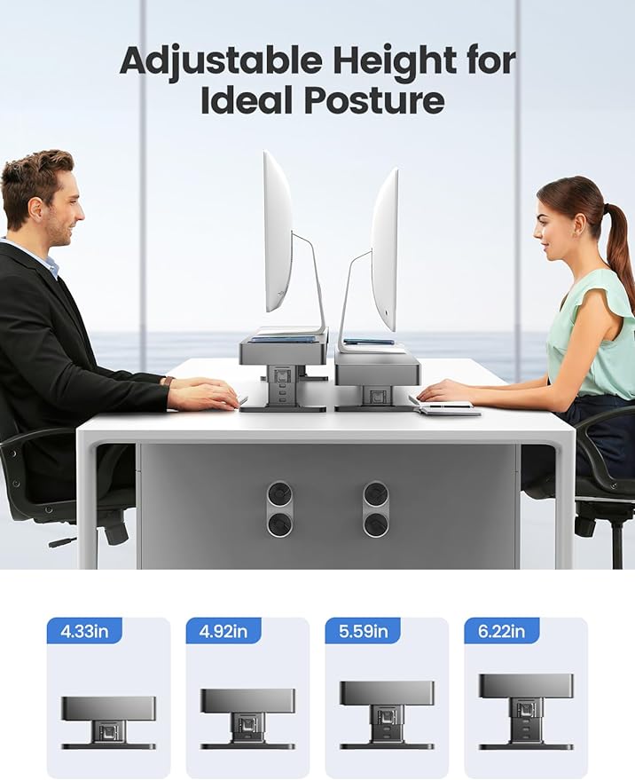 meatanty Dual Monitor Stand with 4 Adjustable Heights Auto Phone Charging Pad 4 USB Ports Computer Riser with Drawers Storage Metal Double Desk Organizer Lifter Raiser for 2 Monitors Screen Gift