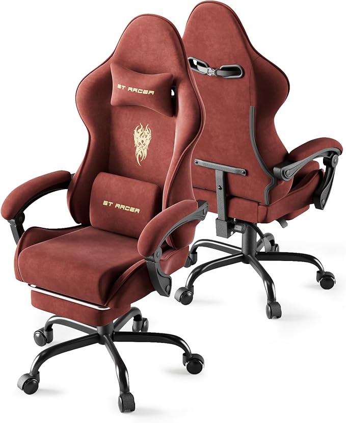 Soontrans Velvet Fabric Gaming Chair for Adult Ergonomic Comfortable Video Gamer Chair with Footrest Reclining Office Computer Desk Game Chairs with Massage Lumbar CushionHeadrest