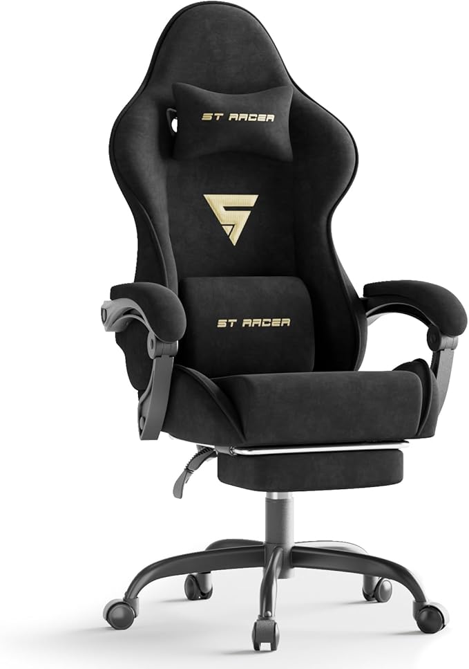 Ferghana Velvet Fabric Ergonomic Gaming Chair with Footrest and Massage High Back Reclining Computer Gamer Chair for Adult Racing Style PC Video Game Chair Suitable for Home Office (Black)