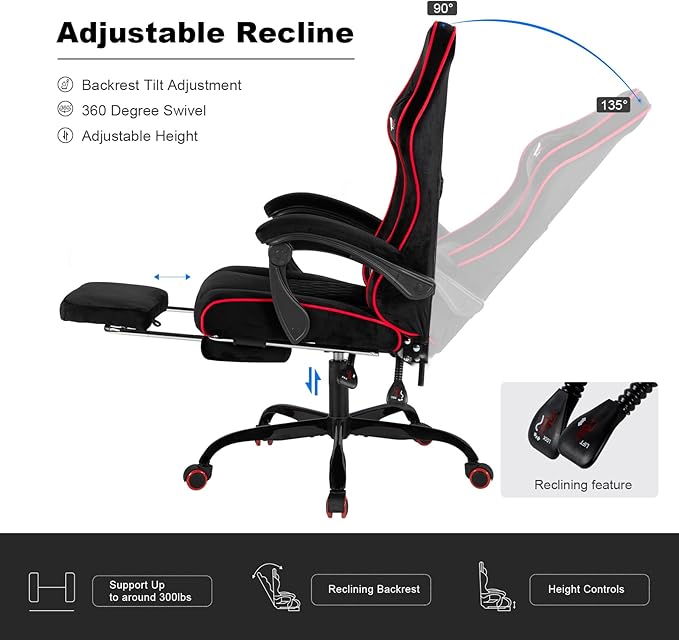 Velvet Gaming Chair for Adults with Pocket Spring Cushion SeatSoft Gaming Chair Fabric with Extendable Footrest Swivel Recliner with Ergonomic Lumbar Support and Headrest for Home/Office(red)