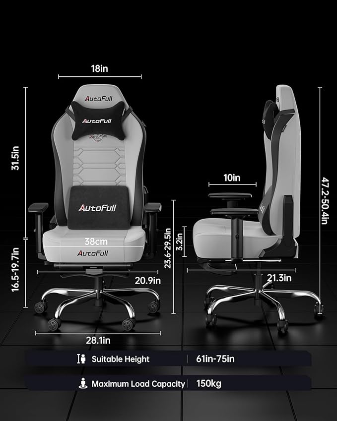 AutoFull C3 Gaming Chair PC Chair with Ergonomics Lumbar Support Racing Style PU Leather High Back Adjustable Swivel Task Chair with FootrestGrey