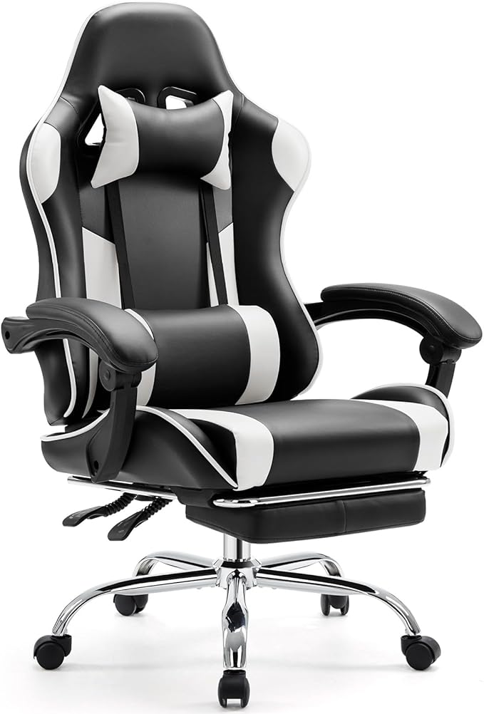 Sweetcrispy Video Game Desk Chair - Ergonomic Computer with Footrest and Comfy Lumbar Support PU Leather Recliner with Headrest Dynamic Armrest Height Adjustable with 360° Swivel White Adults