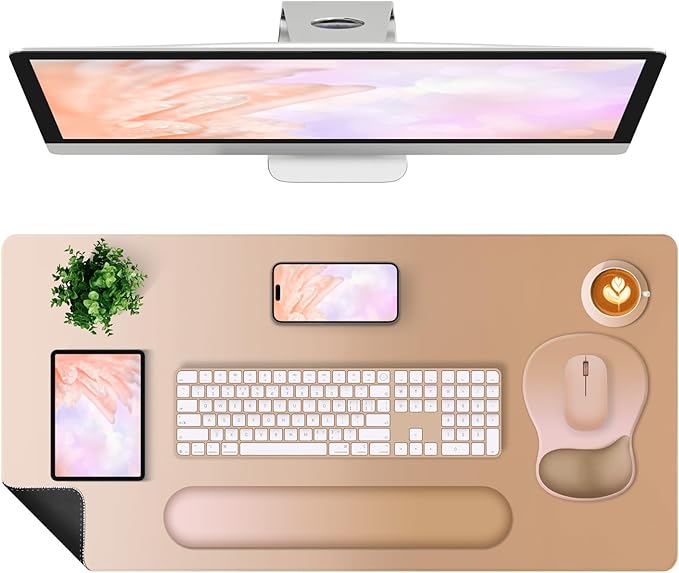 4-in-1 Large Gaming Mouse Pad Keyboard Wrist Rest Pad &amp Wrist Support Mousepad Set Extended Desk Pad Waterproof Desk Mat Protector for Home Office Decor Study Game 35.4×15.7 Inches I Milk Tea Br