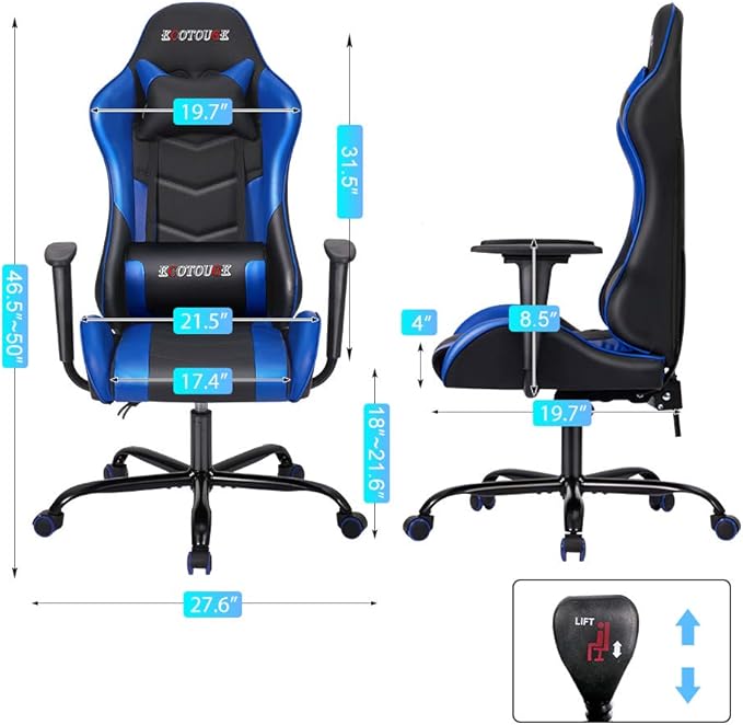 Massage Gaming Chair Video Racing Chair PC High Back Desk Computer Chair PU Leather Recliner w/Headrest and Lumbar Pillow Blue