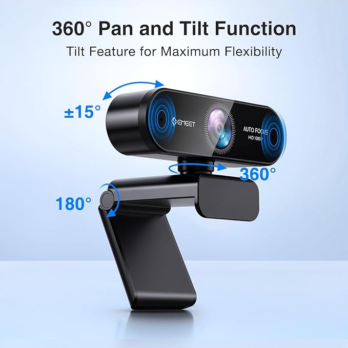 1080P Webcam with Microphone eMeet Nova AutoFocus HD Webcam 96°View Web Camera w/ 2 De-Noise Mics for Laptop/Desktop Plug &amp Play USB Streaming Computer Camera for Conference/Calling/Teaching/Ga