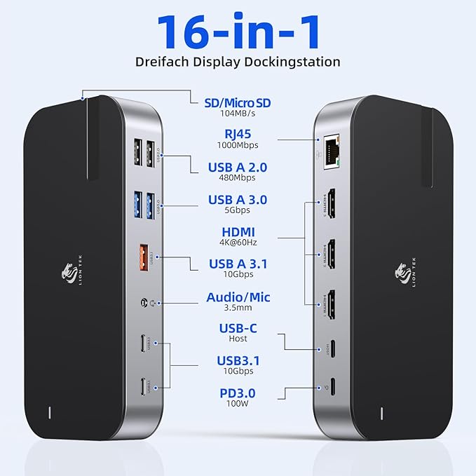 Laptop Docking Station16 in 1 USB C Docking Triple MonitorUSB C Dock Station with 3 HDMIPD 100W USB 3.1/3.0/2.0RJ 45 EthernetmicroSD/SD CardAudio for Dell/HP/Lenovo（Exclude Power Adapter