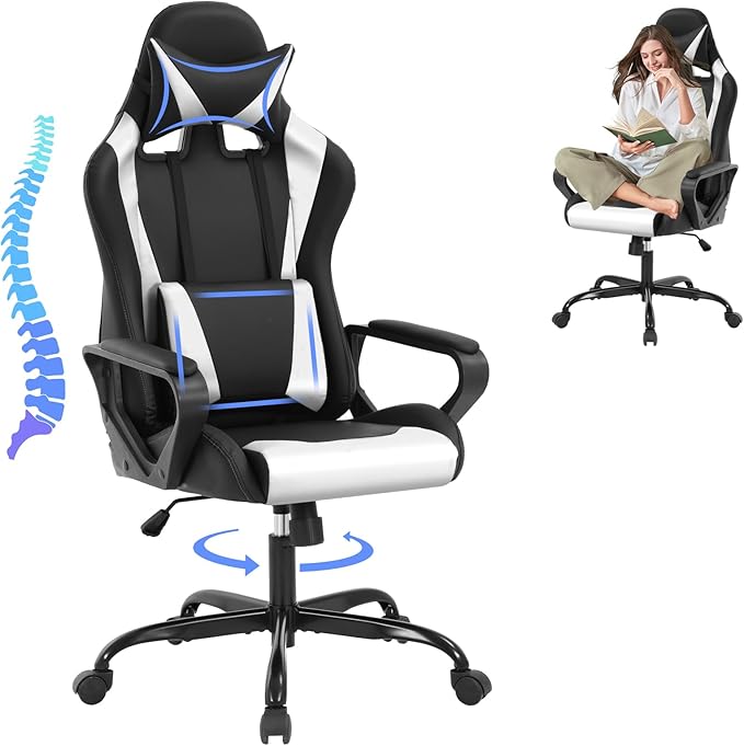 Modern Gaming Chair Ergonomic High Back PU Leather Office Chair with Lumbar Support White
