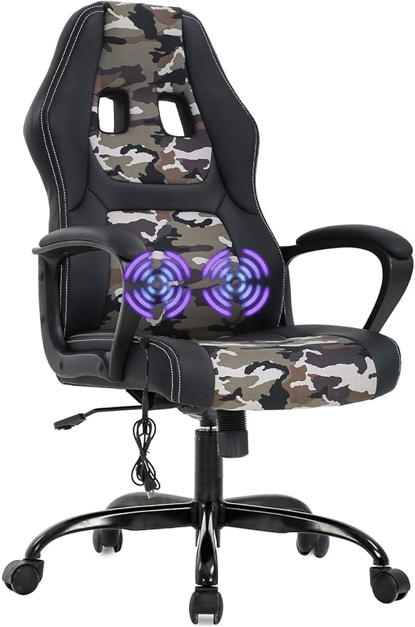 High-Back Racing Gaming Chair with Massage Lumbar Support - Ergonomic Adjustable Swivel - Black PU Leather - Perfect for Home Office or Gaming (Camo)