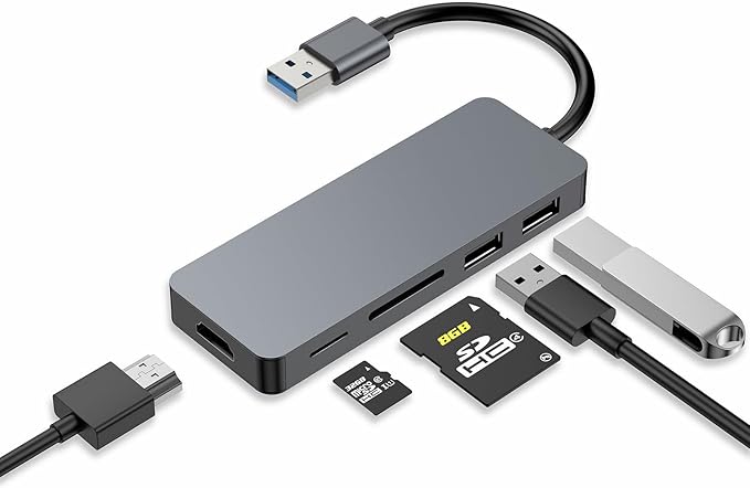 USB Hub 5 in 1 USB Adapter USB 3.0 Hub Multiport with HDMI 2 USB A 2.0 Ports SD/TF Card Reader USB A Docking Station Compatible with Win11/10/8/7/XP/Mac OS (Non Vista/Linux) (Space Gray)