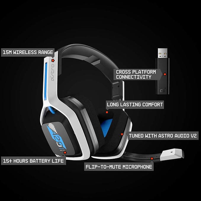 ASTRO Gaming A20 Wireless Headset Gen 2 - Compatible with PlayStation 4 &amp 5 / PC/Mac - White/Blue