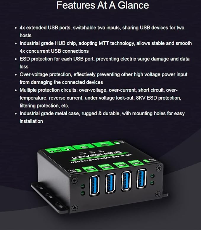 Industrial USB HUB with 4X USB 3.2 Ports Switchable Dual Hosts up to 5GbpsOnboard Multi ProtectionsCompatible with Linux Windows 11/10 / 8.1/8 / 7 / XP