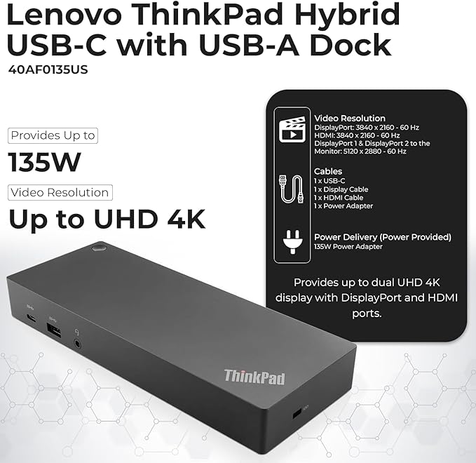 40AF0135US Lenovo Docking Station Dual Monitor Hybrid USB-C with USB-A - 1 Year Warranty Thinkpad Dock w/ 135W Adapter ANYHDD HDMI DisplayPort USB-C Cables Cloth - Lenovo Laptop Docking Station