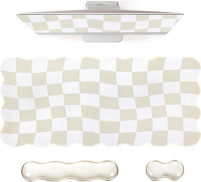L-SPOUTTO Beige Checkered Mouse Pad SetScalloped XXL Desk Mat + Ergonomic Mouse Wrist Rest + Gel Keyboard Wrist Rest for Keyboard 65%/75%3in1 Large Desk Pad for Desktop Home Office Computer Game