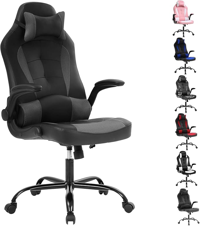 Gaming Chair Racing Chair with Lumbar Support - High Comfort PU Leather Ergonomic Office Desk &amp PC Gaming Chair for Adults Men Women - Flip-Up Arms &amp Headrest Grey