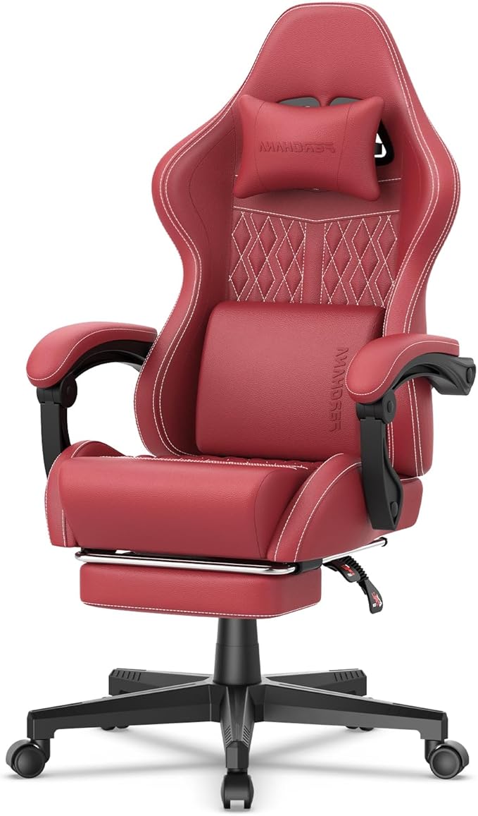 Ferghana Vintage PU Leather Gaming Chair Ergonomic Gamer Chair with Massage High Back Computer Office Chair with Footrest for Adults Racing Style Reclining Video Game Chair (Red)