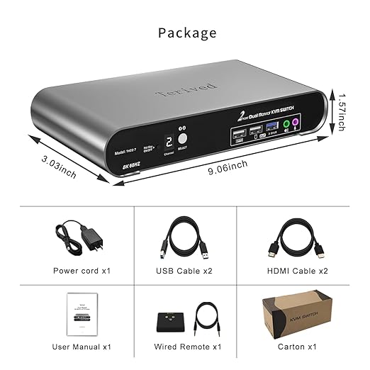 2 Computers 2 HDMI Monitor Automatic KVM Switch 8K@60Hz Hotkey Switching EDID Support 5.1/7.1 Audio and Microphone Aluminum Shell with Digital Display USB 3.0 Hub HDR10 with Cables