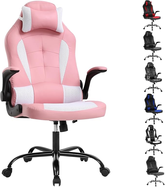 Gaming Chair Racing Chair with Lumbar Support - High Comfort PU Leather Ergonomic Office Desk &amp PC Gaming Chair for Adults Men Women - Flip-Up Arms &amp Headrest Pink