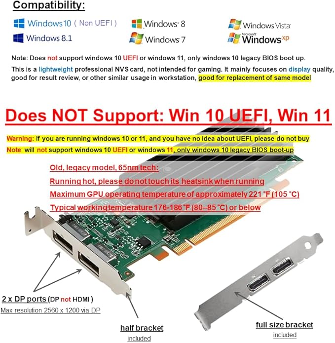 Quadro NVS 295 with Dual DP displayport (DP) outputs Both Half and Full Brackets fits Both Full or SFF Size Computer (1 Year Warranty)
