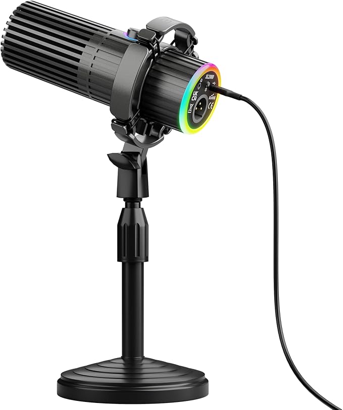 BASN USB/XLR Dynamic Microphone Live Streaming Gaming Recording with Three-in-One Mute ButtonRGB Lighting and MIC Stand for PC (Gray) SL2000