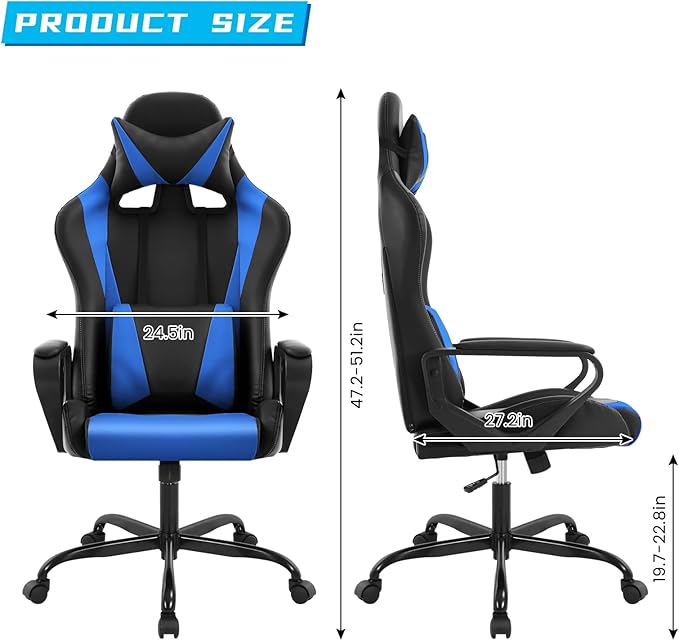 Blue Gaming Chair | Ergonomic High Back Desk Chair Racing Style with Lumbar Support Headrest &amp Arms - Heavy Duty Swivel Computer Chair for Office