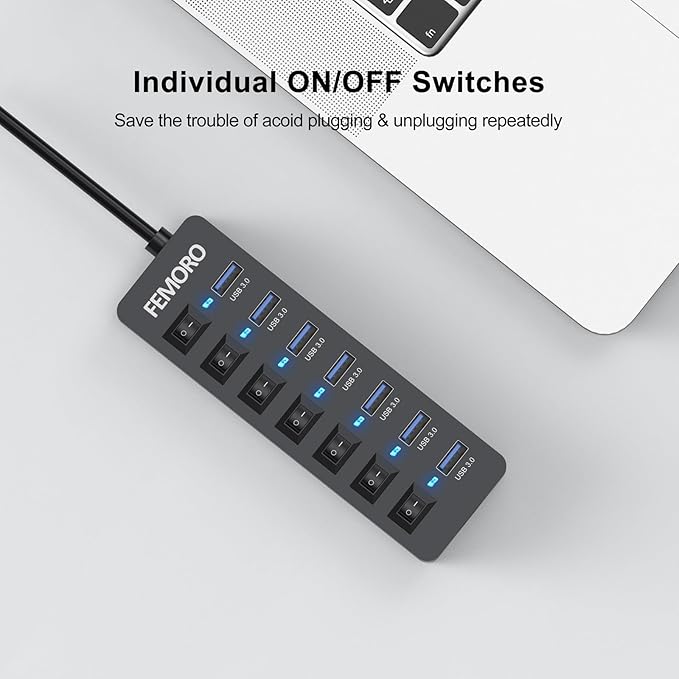 Powered USB Hub 3.0 5Gbps Data Transfer 7 Ports and 12W Charging-only 1 Port with 5V/3A Power Adapter 4Ft Long Cable &amp Individual Switches for Laptop PC Flash Drive External SSD HDD Keyboard Mous