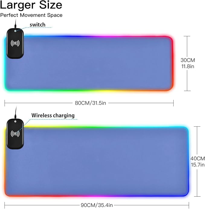 Blue Mouse Pad Gaming Mousepad Non Slip Desk Mat Wireless Charging Computer Mouse Pads RGB Keyboard Pad Mats for Desktop Home Office 35.4 x 15.7 in