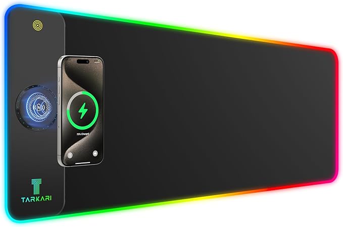TARKARI Magnetic Wireless Charging RGB Mouse Pad Large Gaming Desk Mat Waterproof 31.5x11.8 Black Mousepad Ultra-Smooth Surface Non-Slip Rubber Base Desk Pad for Keyboard Laptop