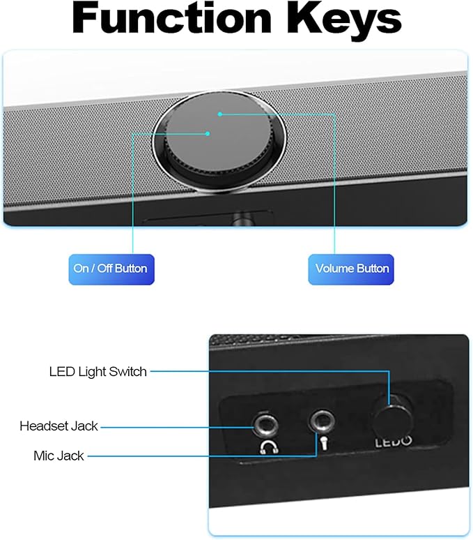 USB Powered Computer Speakers with LED Lights 3.5mm Audio Mic Plug Wired Speaker for PC Cellphone Tablets Desktop Laptop