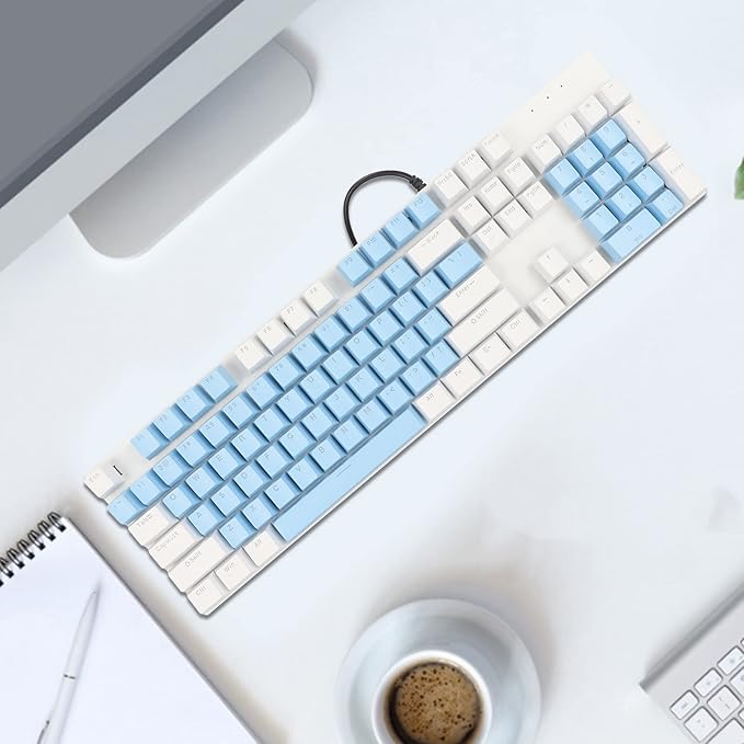 RGB Backlit 104 Keys Mechanical Gaming Keyboard USB Wired Computer Keyboard 28 Backlight Modes for Windows 2000 for Vista (Blue and White)