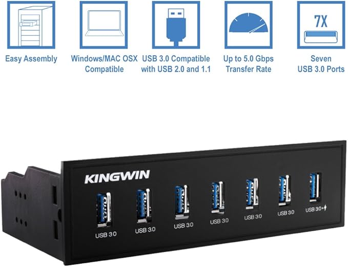 Kingwin Front Panel USB 3.0 Hub 7 Port &amp One Fast Charging USB 2.1A Charging Port
