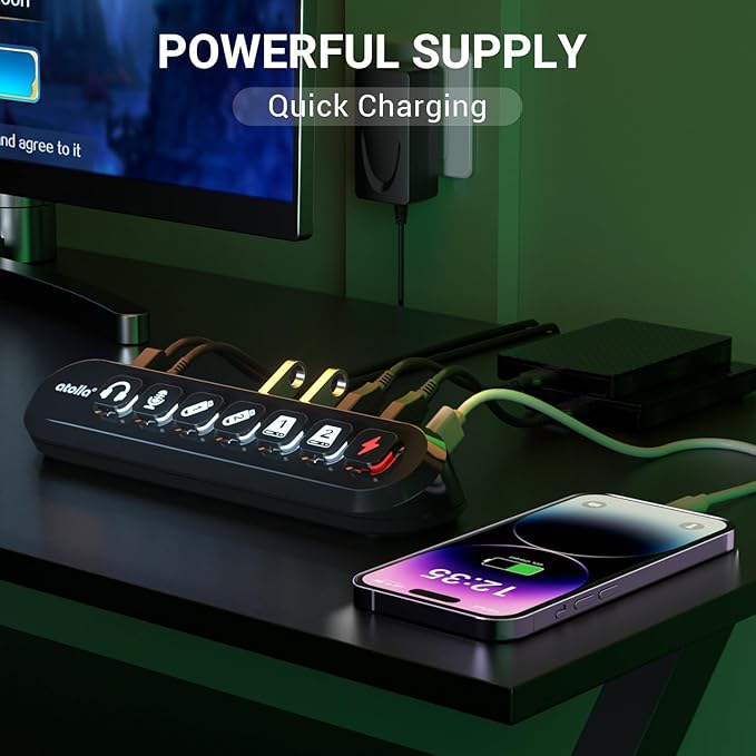 Powered USB Hub atolla 7-Port USB 3.0 hub (6 Superspeed Transfer Ports+ 1 Fast Charging Port) with Swappable Illuminated Icon Switch and 12V/3A Power Adapter for Windows MacOS ChromeOS Linux