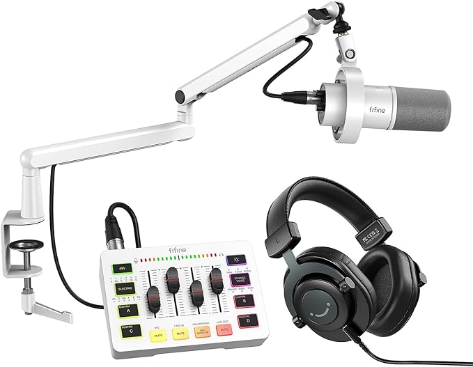 FIFINE Microphone with Recording Equipment Bundle Podcast Set with PC Mixer Low Profile Boom Arm XLR Cable Headphones for Studio Kit for Video Creation Music Instrument Recording