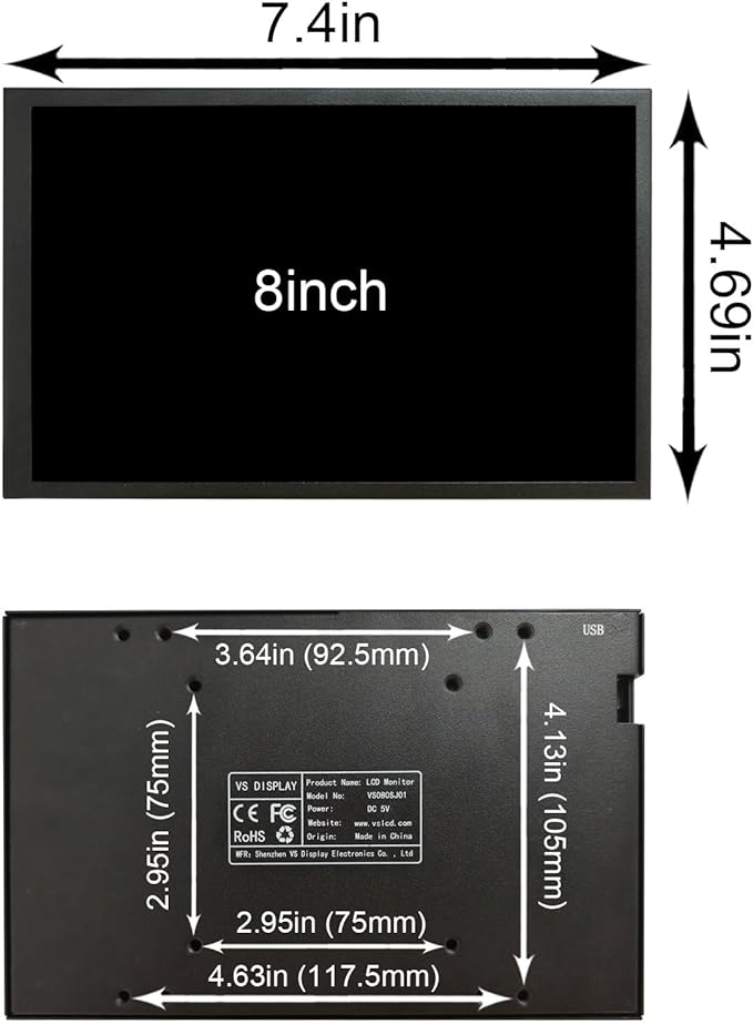 VSDISPLAY 8 Inch 1280x800 IPS LCD Monitor Portable Small Display Supports Theme Edit for Computer PC Case Inside Screen Monitoring CPU GPU RAM Temp DataBlack