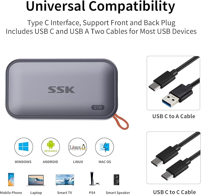 SSK Portable SSD 2TB External Solid State Drives up to 1050MB/s USB C SSD External Hard Drive USB 3.2 Gen2 for iPhone 15/Pro Windows Mac Android Phones and Tablets