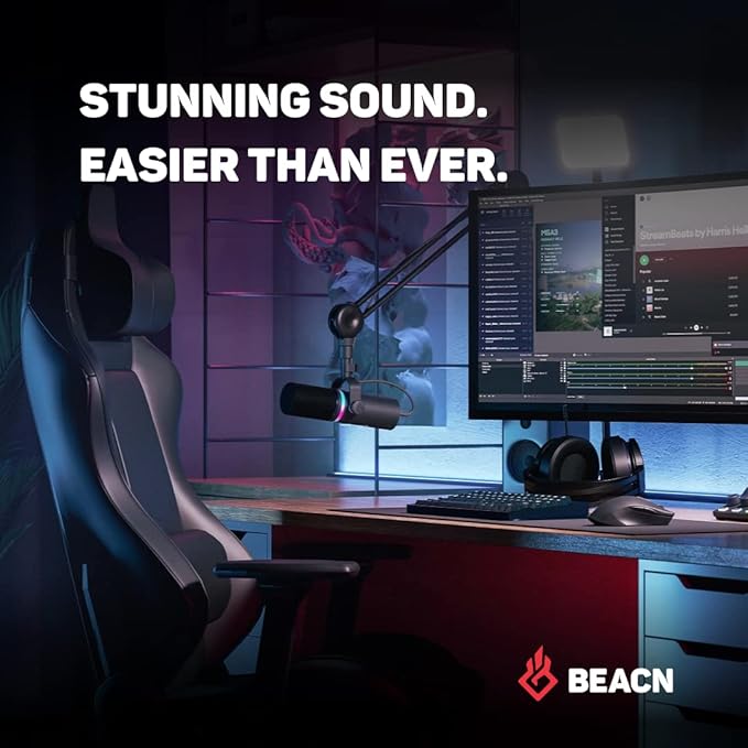 BEACN Dark Dynamic USB Mic for PC - Professional Microphone for Podcast Gaming Streaming - Studio-Quality Desk Mic for YouTube Twitch and Recording. Microphone for PC Gaming &amp Streaming