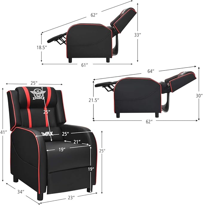 Gaming Recliner Movie Theater Chair w/Adjustable Backrest &amp Footrest Massage Lumbar Pillow Racing Single Sofa PU Leather Reclining Chair for Gaming Room Home Theater (Red)