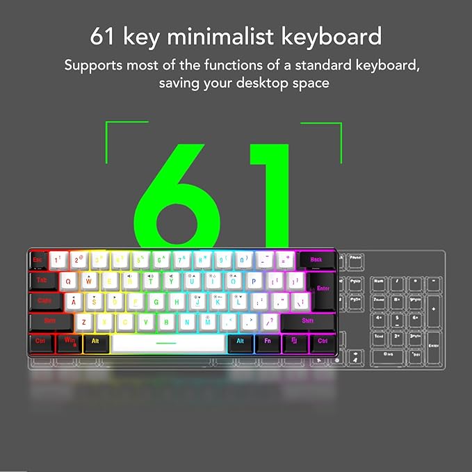 61 Key RGB Illuminated Keyboard 61 Keys Multi Color RGB Illuminated LED Backlit Wired Gaming Keyboard Ergonomic Gaming Mouse and Keyboard for Tablet Laptop (White Center Black