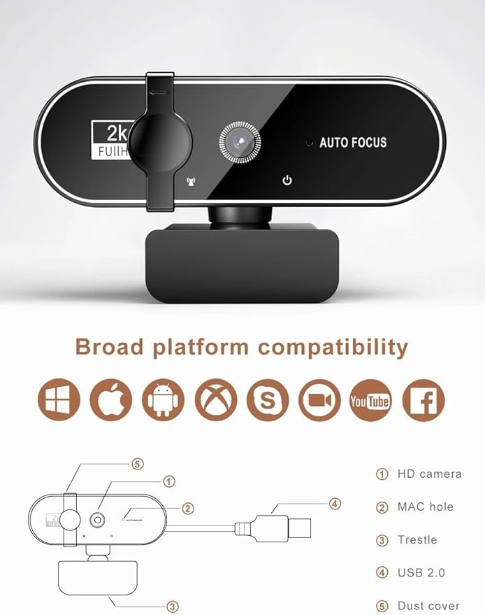 4K Webcam Video Camera 2K Autofocus Streaming Web Cam with Microphone Full HD 1080P Webcams for PC/Computer/Laptop(2k)