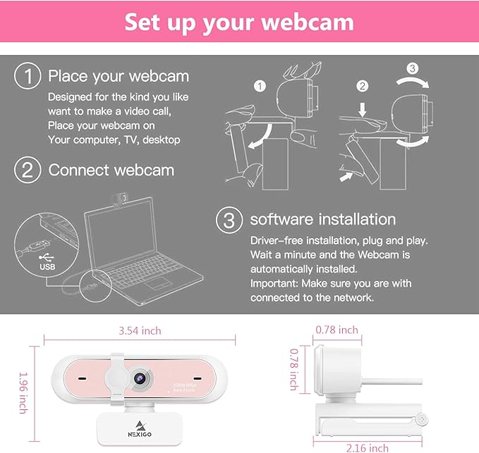 NexiGo N660P 1080P 60FPS Webcam with Software Control Dual Microphone &amp Cover Autofocus HD USB Computer Web Camera for OBS/Zoom/Skype/FaceTime/Teams/Twitch Pink