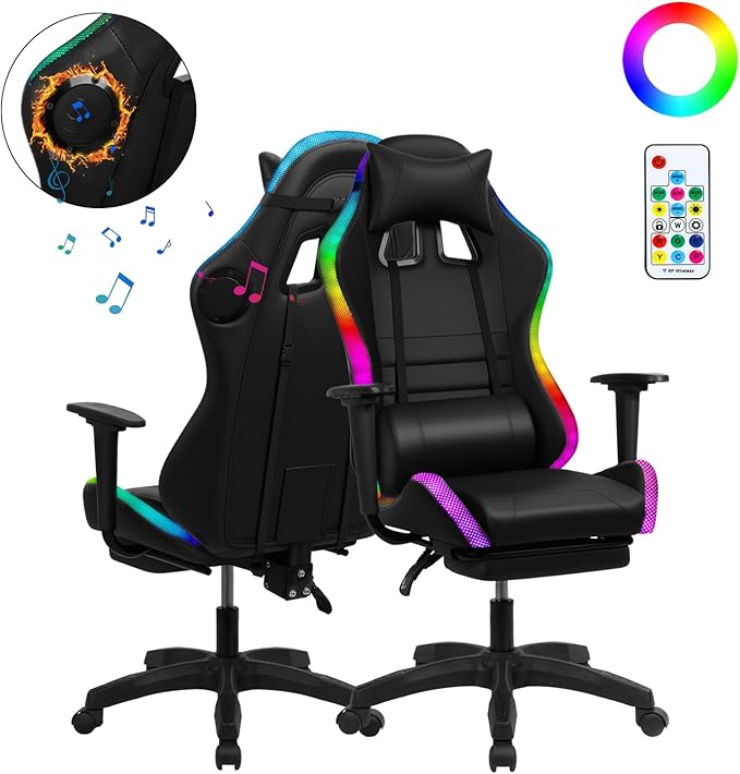 YOXIER Gaming ChairsGaming Desk Chair with Retractable Footrest350lbs Load Capacity Ergonomic Gaming ChairGaming Computer Chair with Two Bluetooth Speakers Multiple LED Light Modes Game Chair for